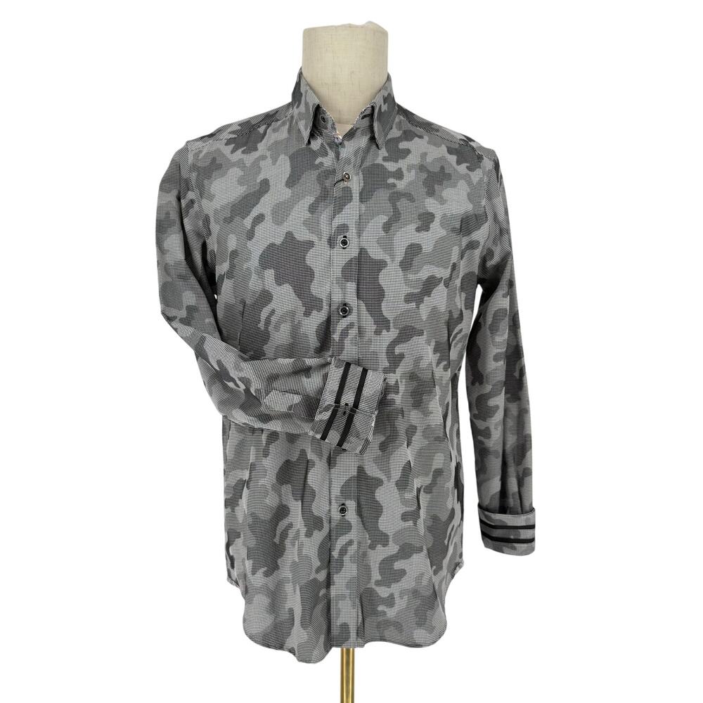 Robert Graham Button Front Long Sleeve Shirt COLBY Grey Camouflage Pixel Print M